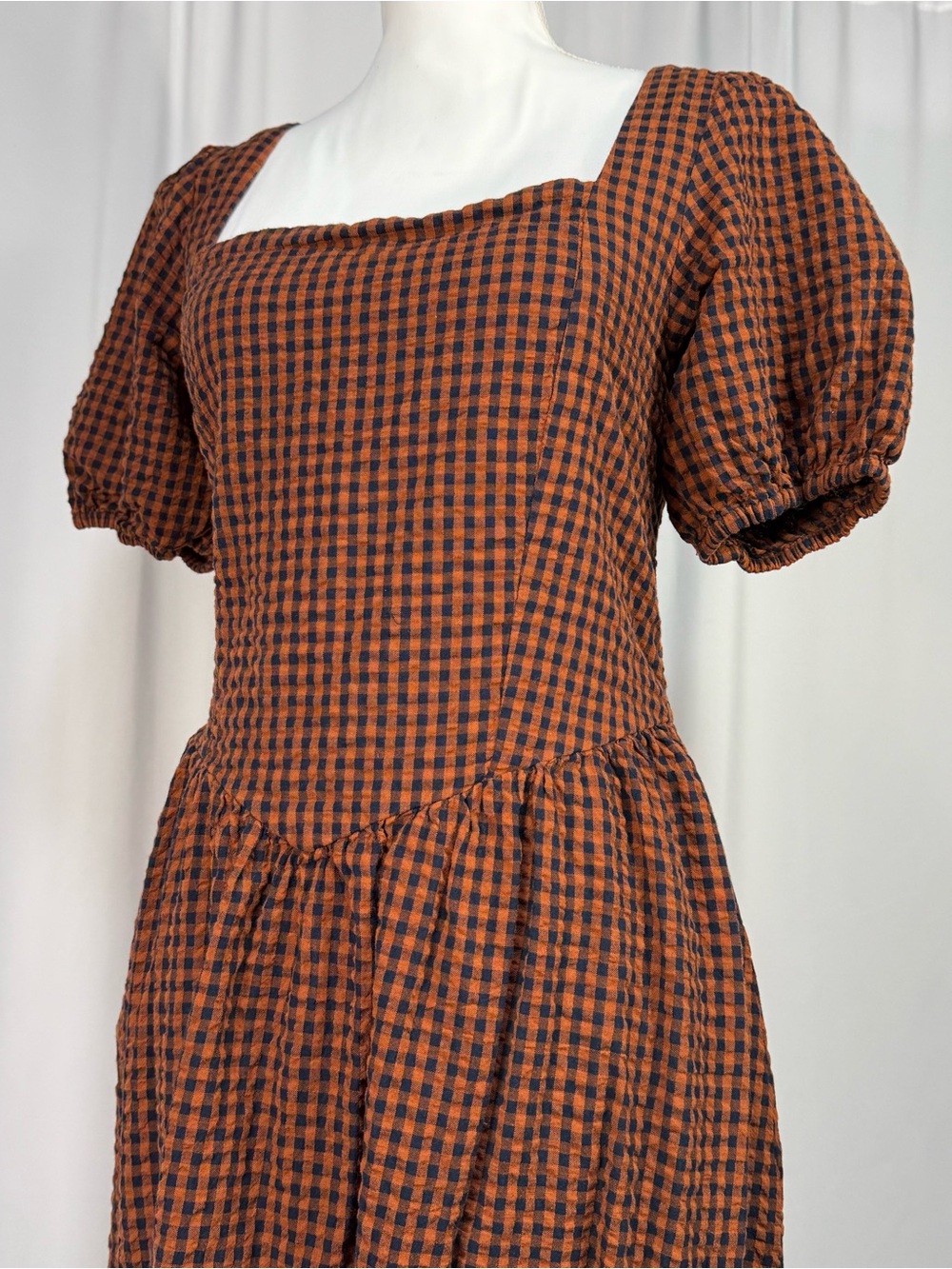 Japna Rust Navy Gingham Puff Sleeve Midi Dress Size Large